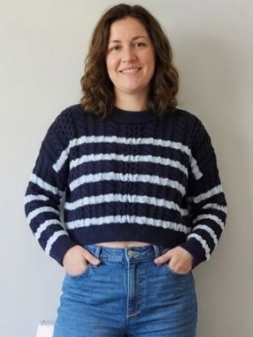 JESSICA SIMPSON Chunky Cable Knit Cropped Sweater Cotton Navy White Striped XL
